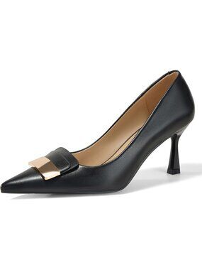 Women's Black Kitten Heels Lambskin Insole Pointed Toe Metal Deco Dressy Shoes